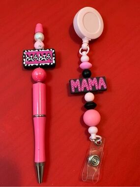 Pink 'MAMA' Beaded Pen and Retractable Badge Reel Set